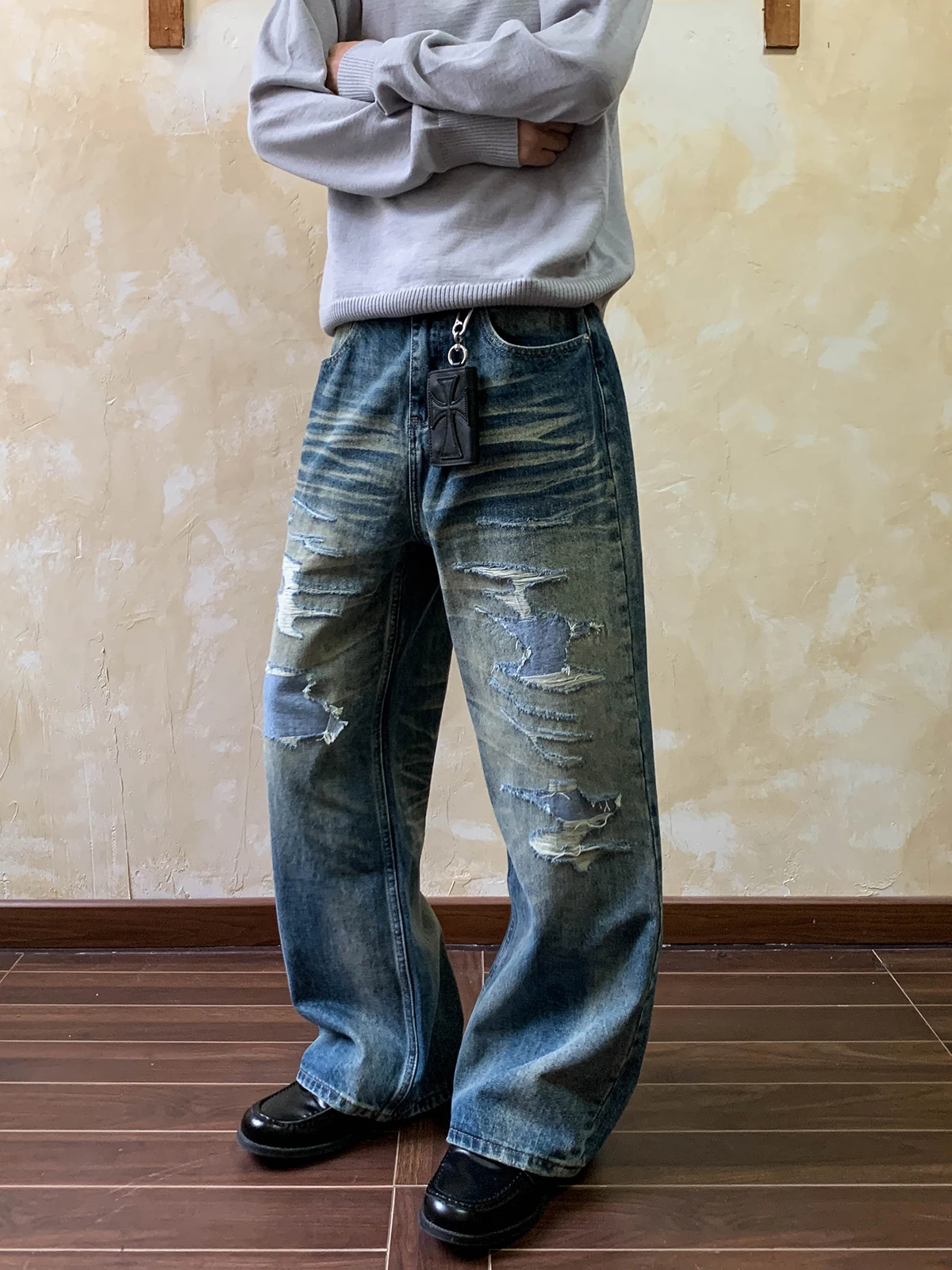 Retro Washed American High Street Men's Loose Straight Casual Jeans  Repair Patch Denim Pants Vintage Style Youth Fashion