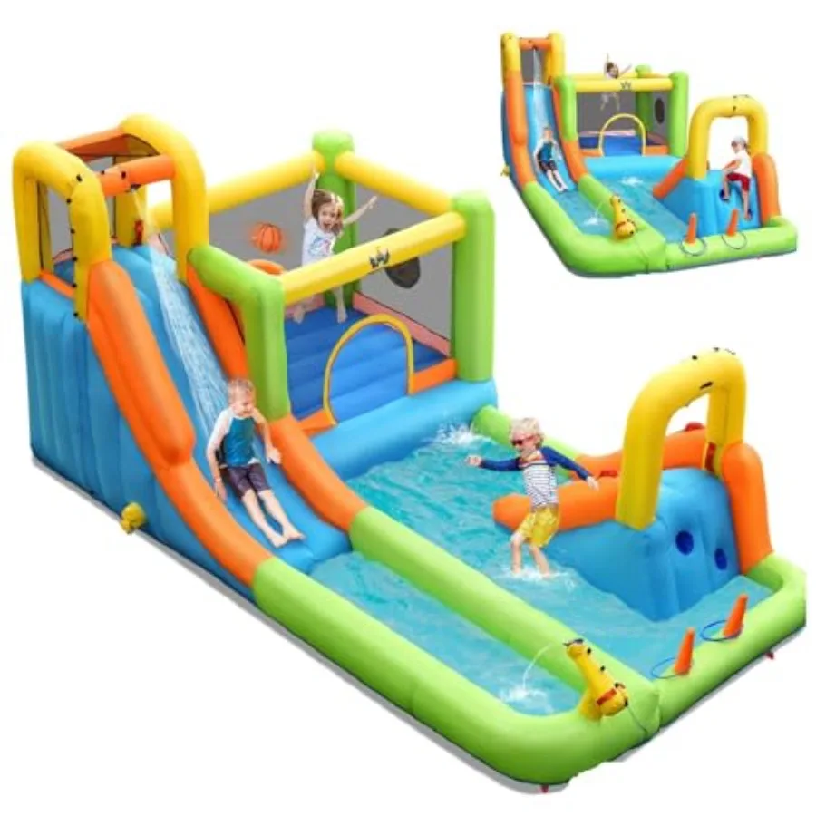 Outdoor inflatable water slide for kids, PVC material, blue and yellow, 8-in-1 dual slides with splash pool and bounce house fo