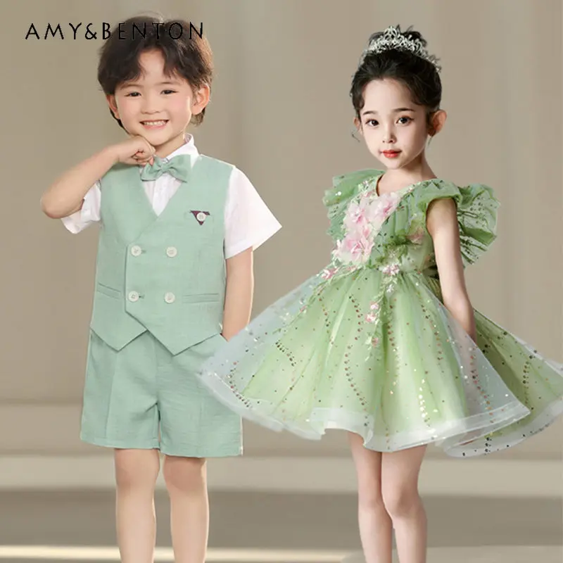 

Kindergarten Childrens Host Chorus Performance Costume Sweet Baby Girls Summer New Princess Dress Boys Formal Wear Party Outfit