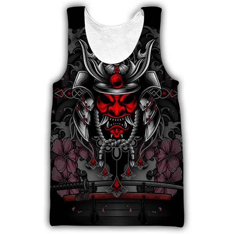 New Summer 3D Samurai Armor Oni Mask Tattoo Printed Tank Top Guard Graphic Tank Top Men Gym Kid Fashion Cool Sports Clothing Top