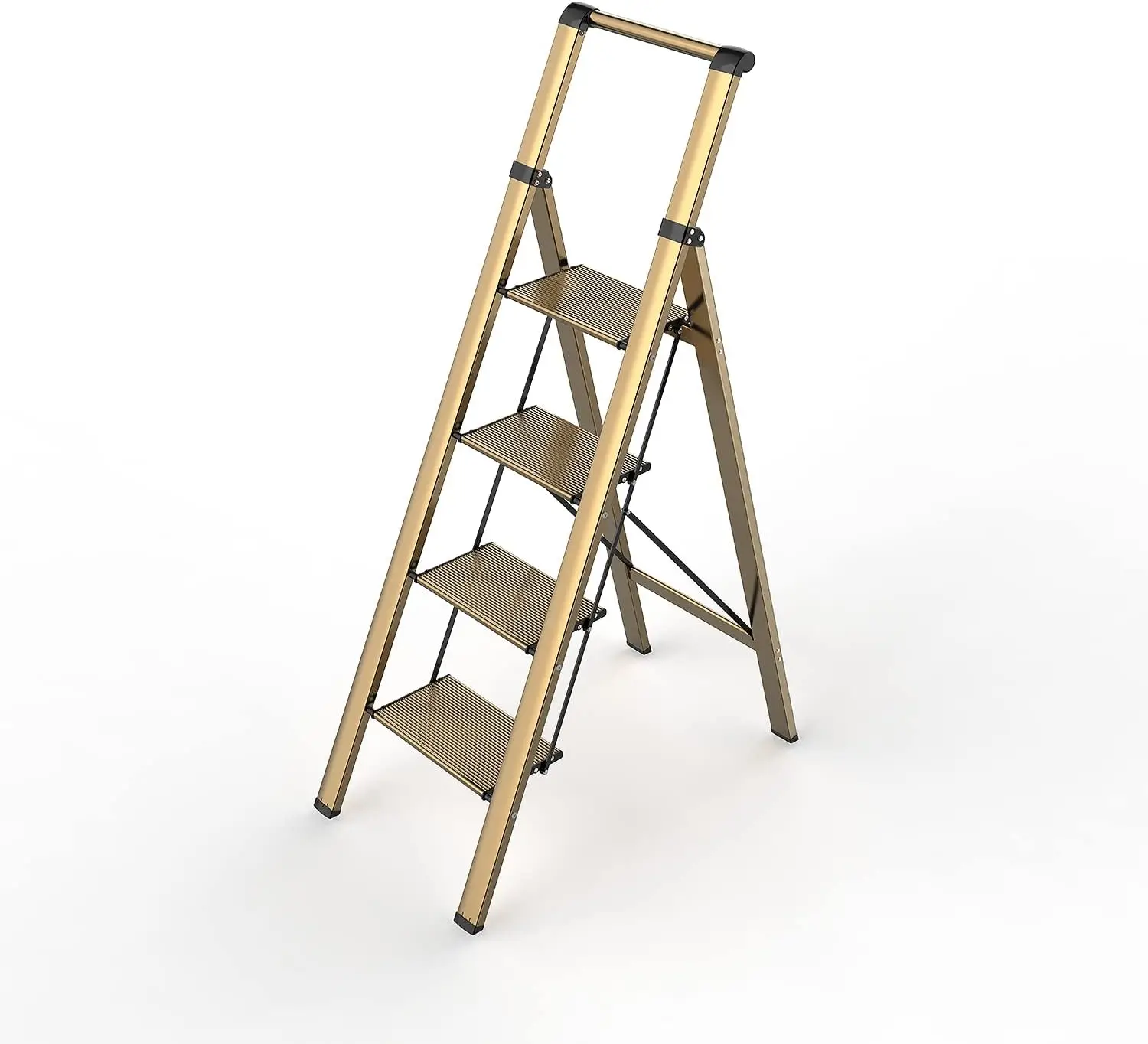 

4 Step Ladder, Folding Step Stool with Anti-Slip Wide Sturdy Pedal and Handgrip,Aluminum Stepladder,300 lbs Capacity- Brown Gold