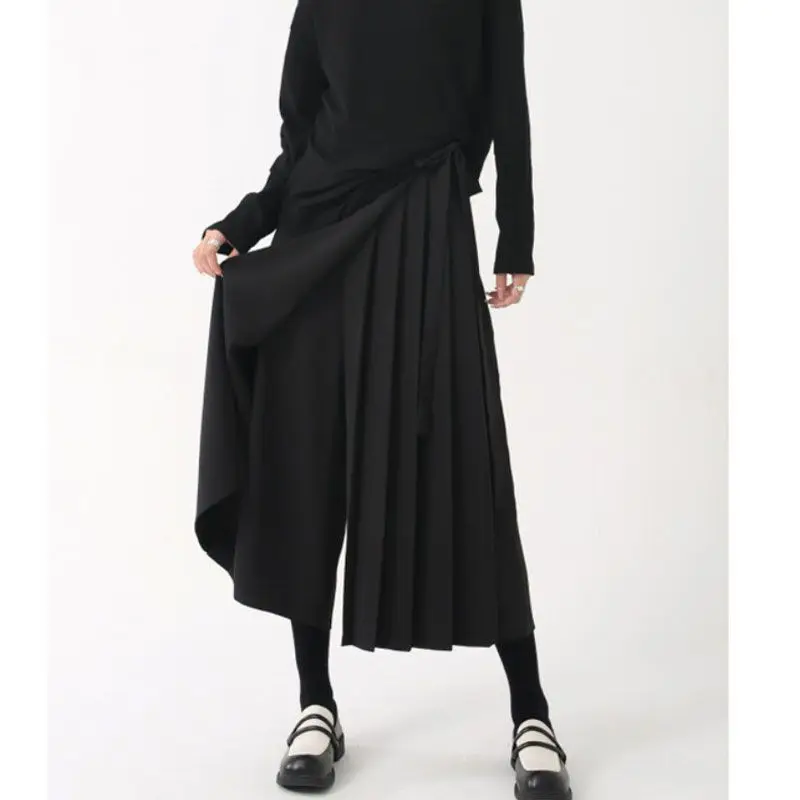 

Yamamoto Diablo Pendant Fake Two Pieces Irregular Trouser Skirts Summer Lady Pleats Loose Cropped Pants Casual Wide Leg Pants