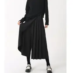 Yamamoto Diablo Pendant Fake Two Pieces Irregular Trouser Skirts Summer Lady Pleats Loose Cropped Pants Casual Wide Leg Pants