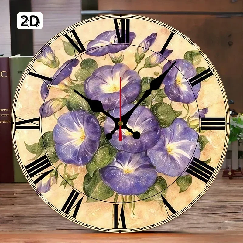 Purple Morning Glory Wooden Round Silent Hanging Wall Clock,Suitable For Living Room,Office,Study Room, Bedroom,Home Decoration.
