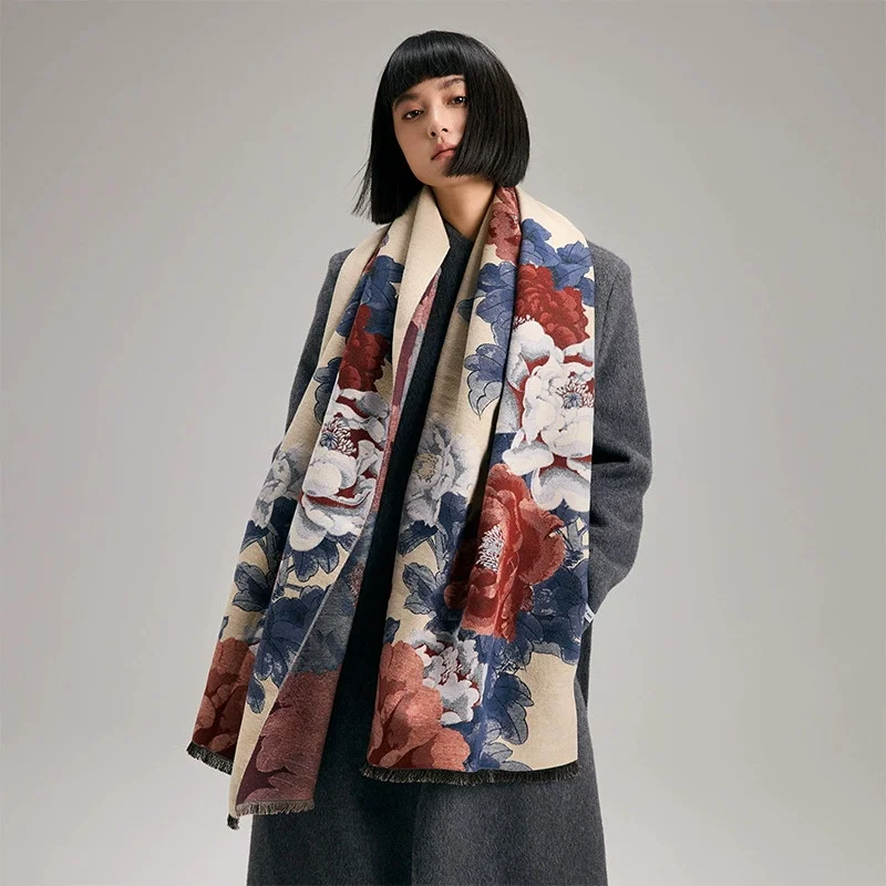 

New Winter Warm Cashmere Oil painting Scarf Women Jacquard Pashmina Blanket Thick Shawl Wrap Neckerchief Fashion Bufanda Echarpe