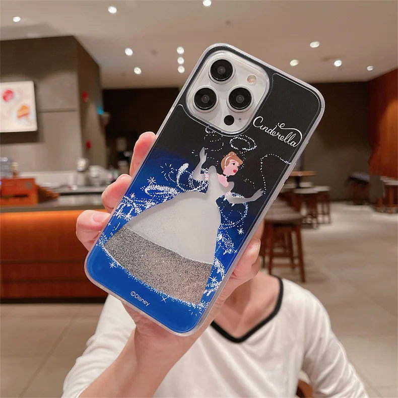  Luxury Cartoon  ling Glitter Cinderella Girl Liquid Quicksand Phone Case For iPhone 13 12 14 15 16 Pro Max 11 Cute Cover