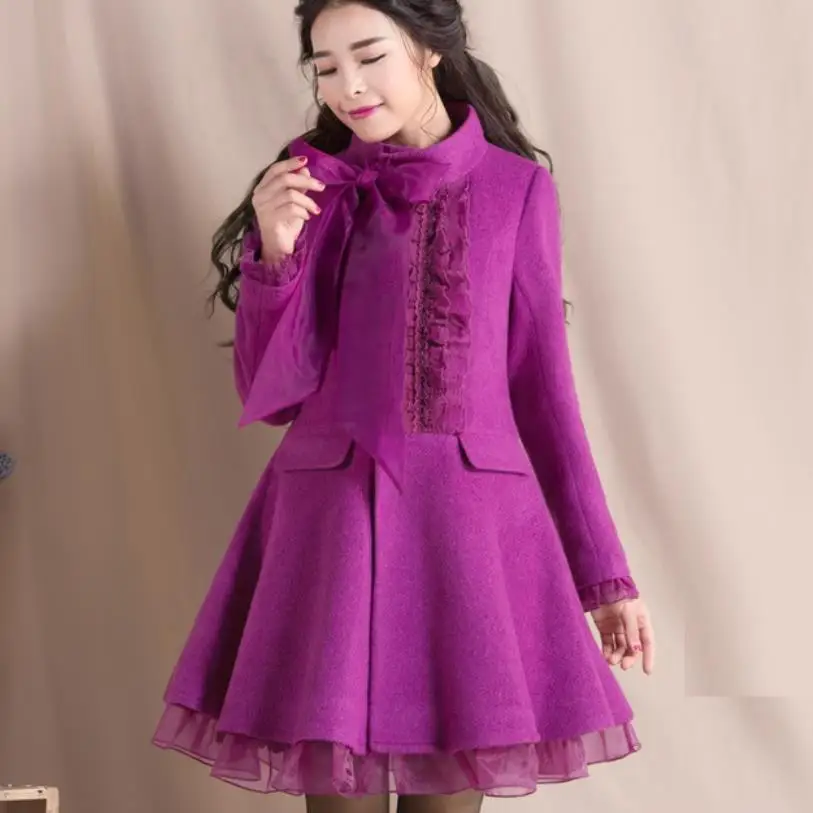 New Women's Big Bow Lace Woolen Coat Slim Stand Collar Autumn Winter Wool Jacket Thicken