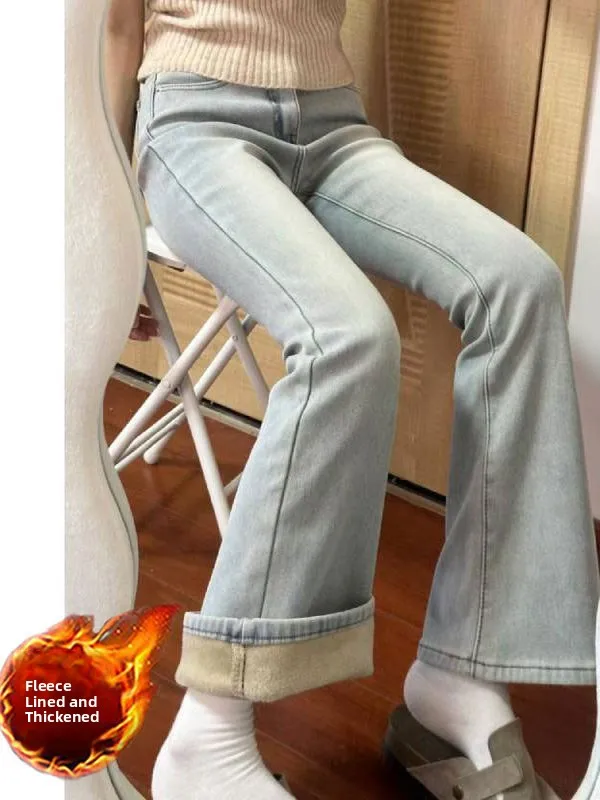

Women's Fce Lined Flared Jeans High Waist Bootcut Denim Pants Thiened Autumn Winter New Sle Slimming Non-Matching Legg...