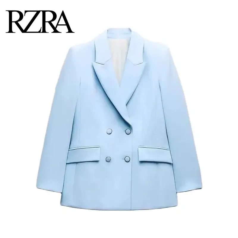 RZRA original women\'s clothing 2024 winter new fashion temperament double pocket with shoulder pads double-breasted suit jacket