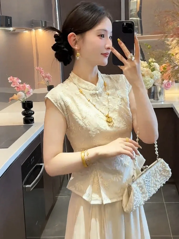 

Elegant Fashionable Women's Summer Short Sleeve Wide Leg Pants Two-Piece Set Luxury Brand Chinese National Style Top Bottom
