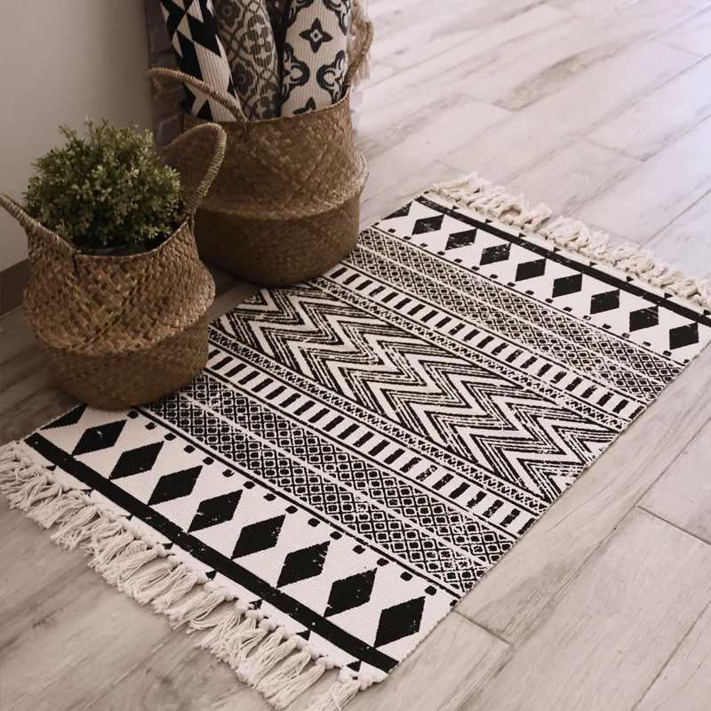 INS Ethnic Style Woven Linen Cotton Rectangle Rug Mat For Living Room Handmad Small Carpet Bedroom Bedside Foot Pad Washable