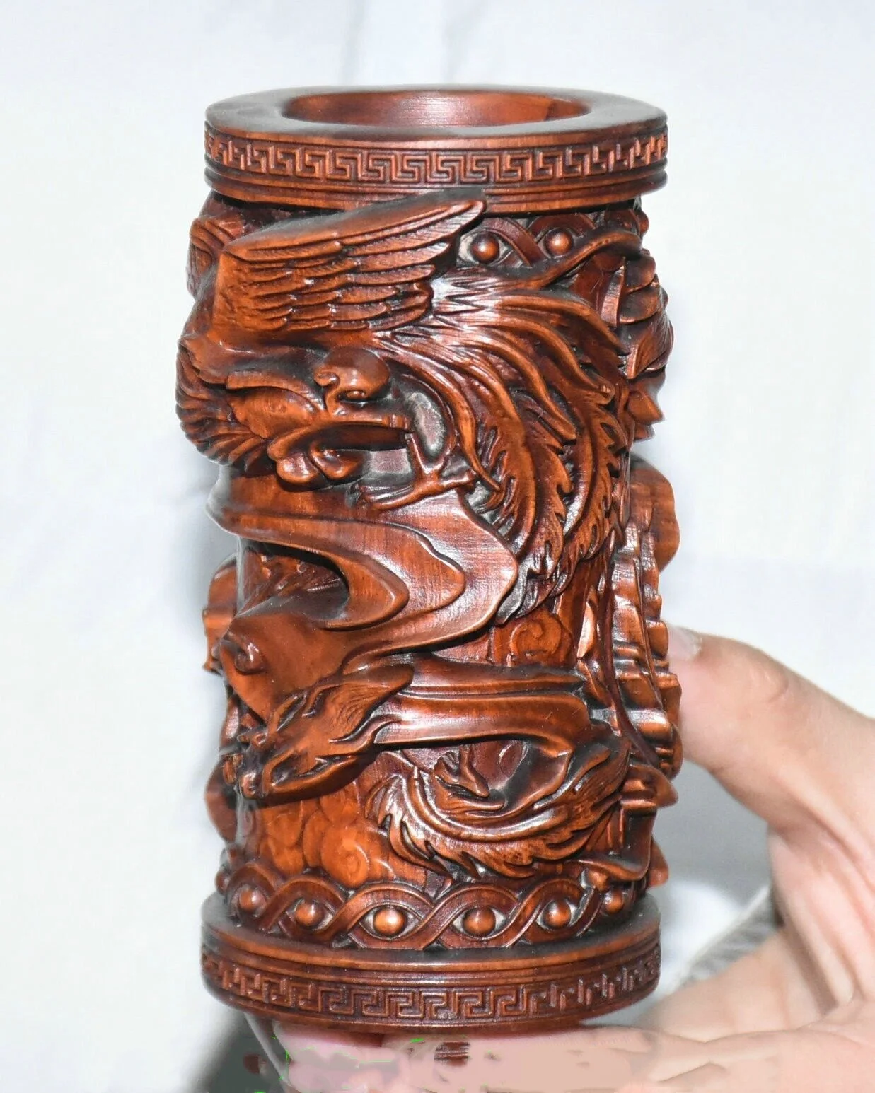 5.1''Old Chinese Boxwood Carving Phoenix Pot Pencil Holder Statue Sculptu