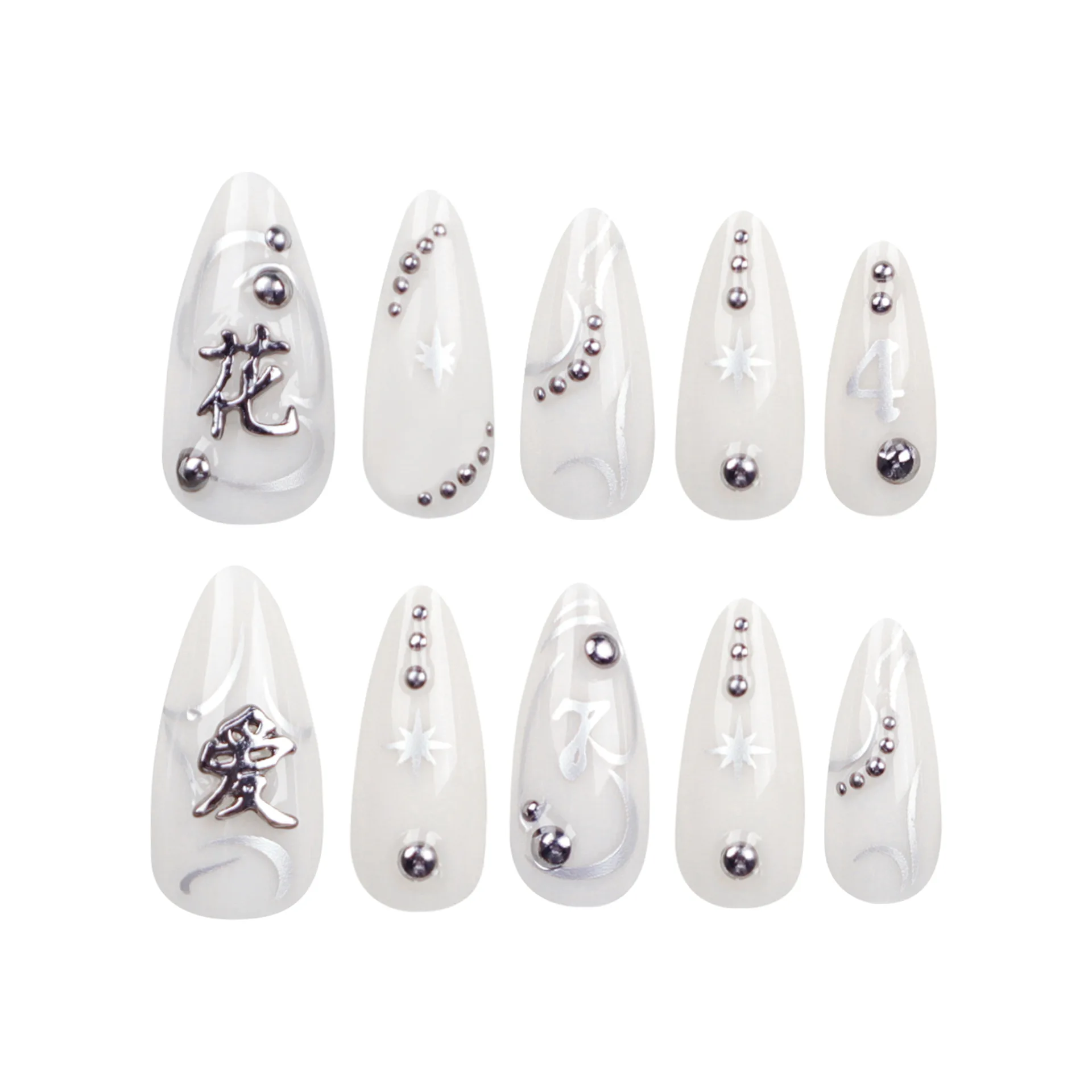 White Almond False Nails Goth 3D Chinese Character Beads Design Fake Nails Patch Full Finished y2k Cool Artificial Nail Patch