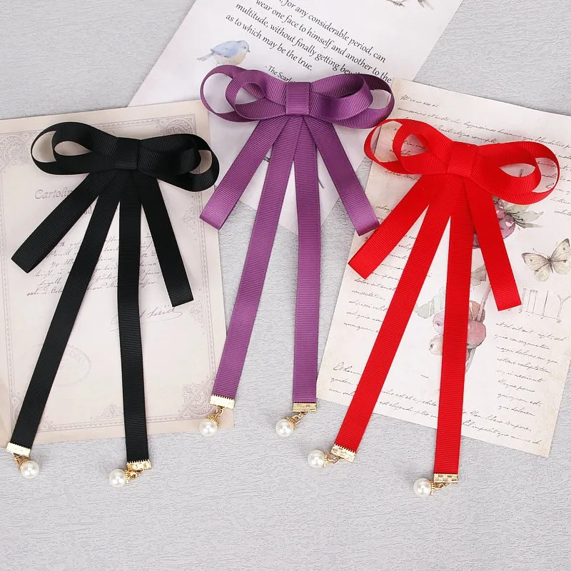 Pearl Ribbon Brooch Pin Black Blue Women Bow Tie Vintage Red  White Collar Jewelry Bowknot Shirts Necktie Clip for School Girls