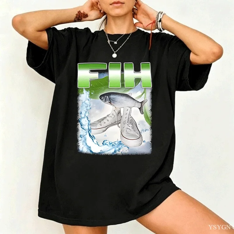Womens Short Sleeve T Shirt Cool Fish Sneaker Water Splash Letter Graphic Print Crew Neck Tees Trendy Urban Casual Loose Tops