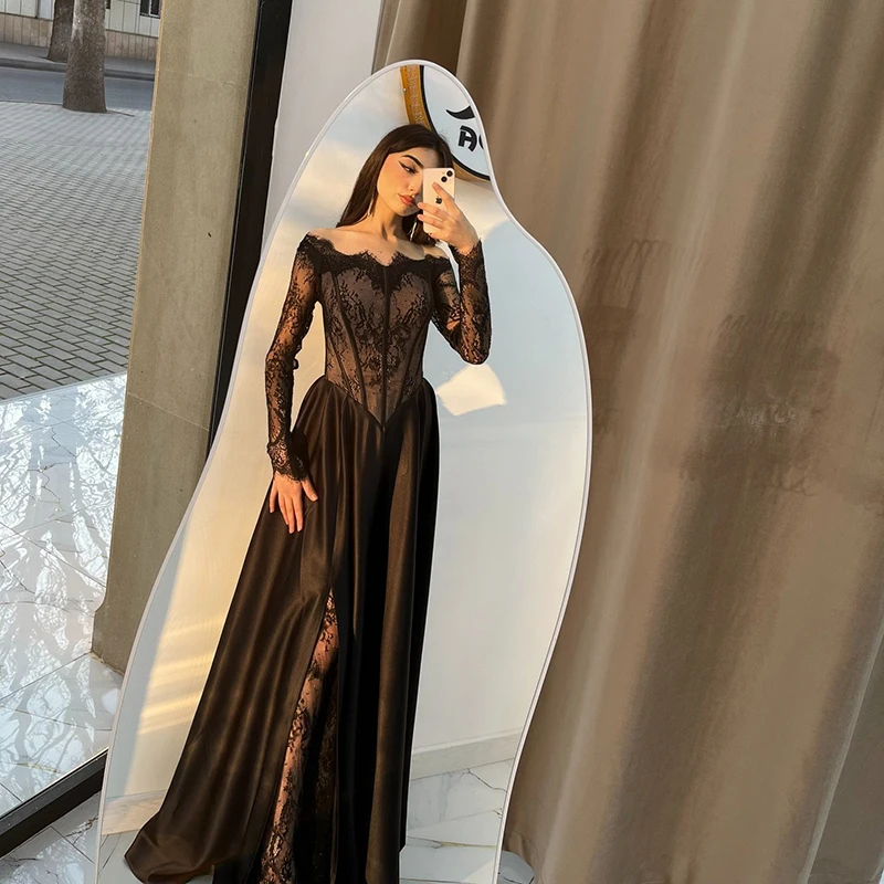 Thinyfull Zwarte A-lijn Prom Avondjurken Saudi Arabië Lange Mouw Kant Feestjurk Sexy Nacht Cocktail Prom Jassen Aangepast