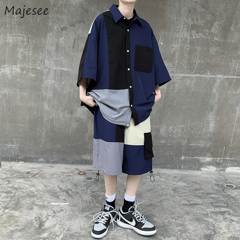 Men Sets Patchwork Design Shirts Teens Couple Ins Pocket Shorts Streetwear College Cool Hip Hop Japanese Fashion Ulzzang Leisure