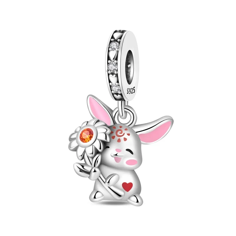 

New 925 Sterling Silver Luxury Sunflower Rabbit Charms Pendant Fit Original Bracelet DIY Women Wedding Anniversary Gift