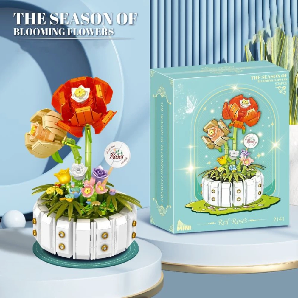MOC Kleine Ingemaakte Eeuwige Bloem Plant Rose Boeket Bouwstenen Set Huis Thuis Kamer Decor DIY Speelgoed Voor Kinderen Verjaardagscadeau