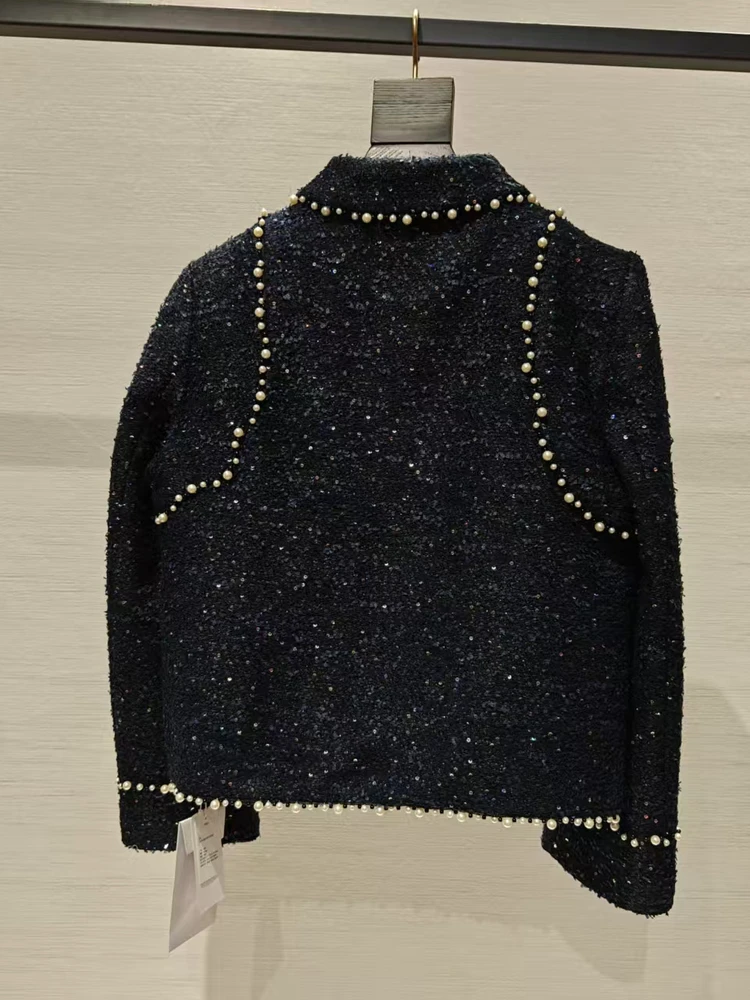 الرجعية اليدوية تويد التلبيب الأزرق الأعلى زرر الترتر ملابس خارجية للنساء الفاخرة Sle الوقوف صالح طويل Sve معطف الخريف