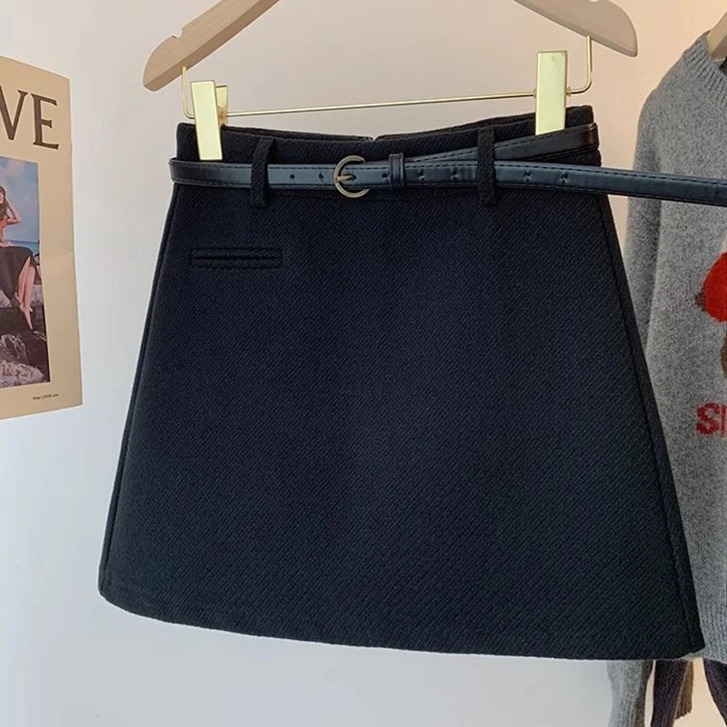 Korean Fashion Office Lady Mini Skirts Elegant Zipper High Waist Woolen Skirts Women Autumn Winter Thick Short Skirt with Belt