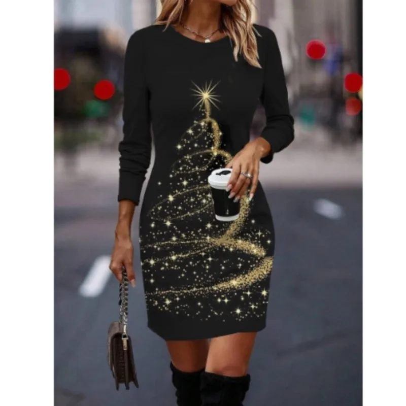 Women Christmas Party Dress 3D Funny Wine Christmas Element Printed Dress 2024 New Autumn Winter Long Sleeve O-neck Casual Dress