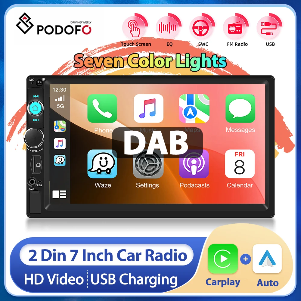 Podofo 7 Inch Car Stereo MP5 Multimedia Player 2Din Carplay Android auto BT FM Radio Receiver Support DAB