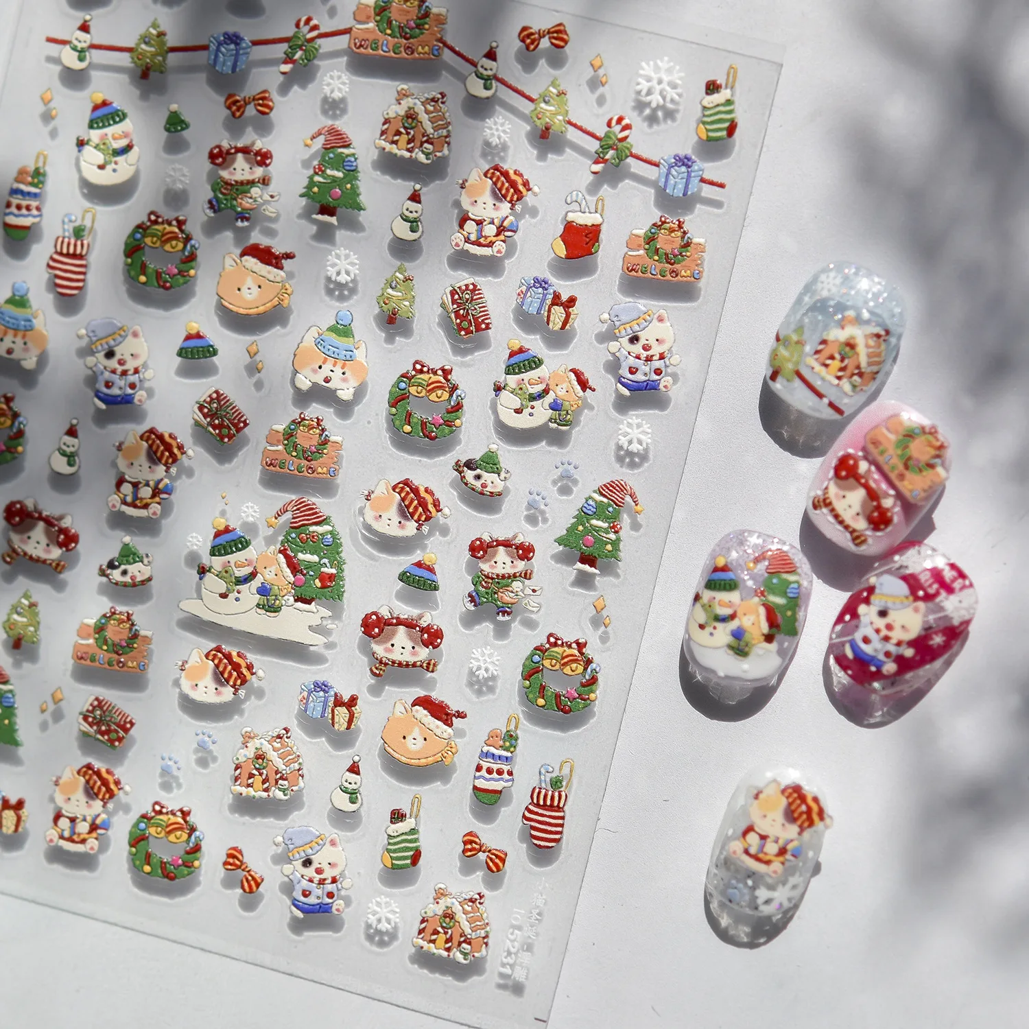 

1pc 5D Relief Art Sticker Cute Christmas Cat Dog Bear Snowman Pattern Nail DIY Decals Self Adhesive Decortive Stickers Supplies
