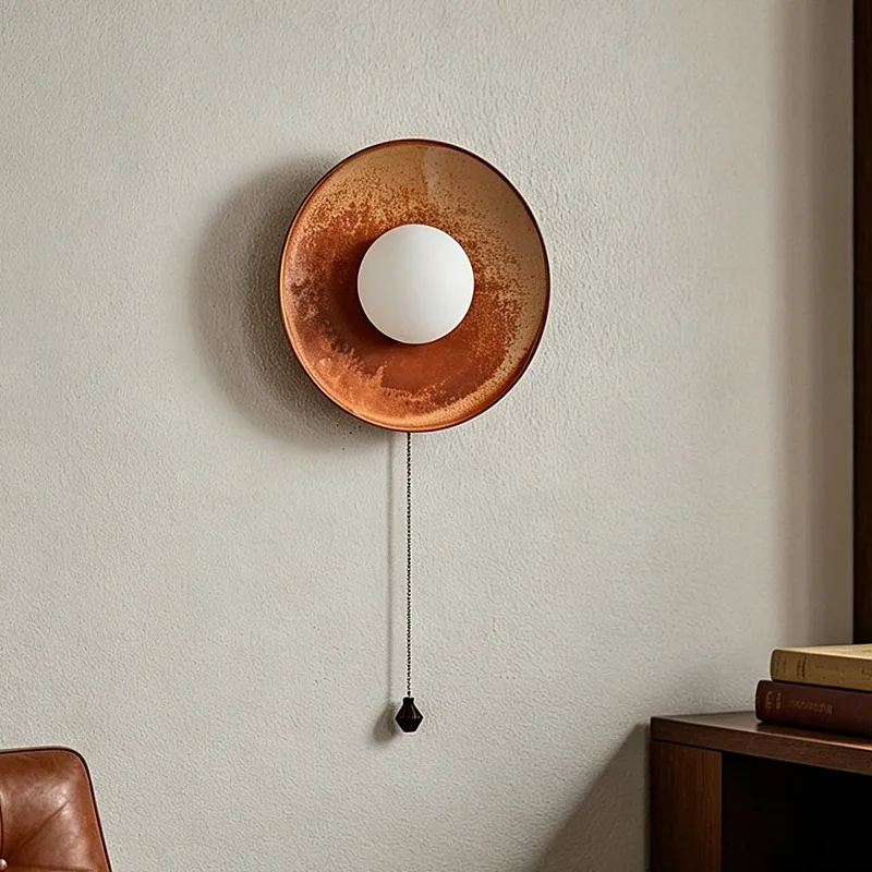 Mid Ancient Style Caramel Colored Ceramic Wall Lamps Wabi Sabi Style Circular Atmosphere LED Wall Lights Staircase Bedroom Foyer