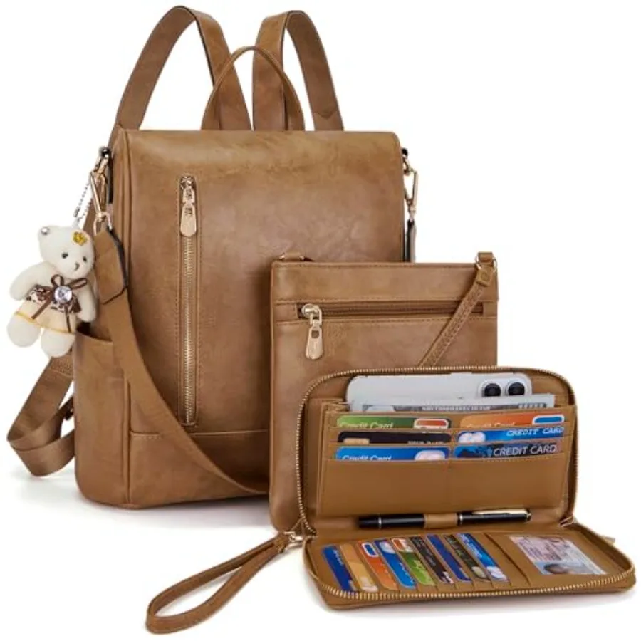 

Women Fashion Backpack Purse Anti-Theft Leather Shoulder Bag Travel Multi Pockets Handbag Wallet Set 3pcs