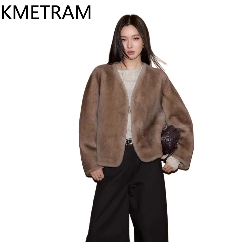 سترة KMETRAM 100% من صوف ميرينو من جلد الغنم مزدوجة الوجه للنساء معطف فاخر قصير من الفرو الحقيقي ملابس شتوية 2025 shanба vrouwska