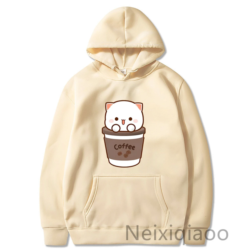 Plus Size Kawaii Peach and Goma Hoodie Women Men Harajuku Cute Cat Hoodies Autumn Winter Funny Coffee Graphic Hooded Sweatshirt