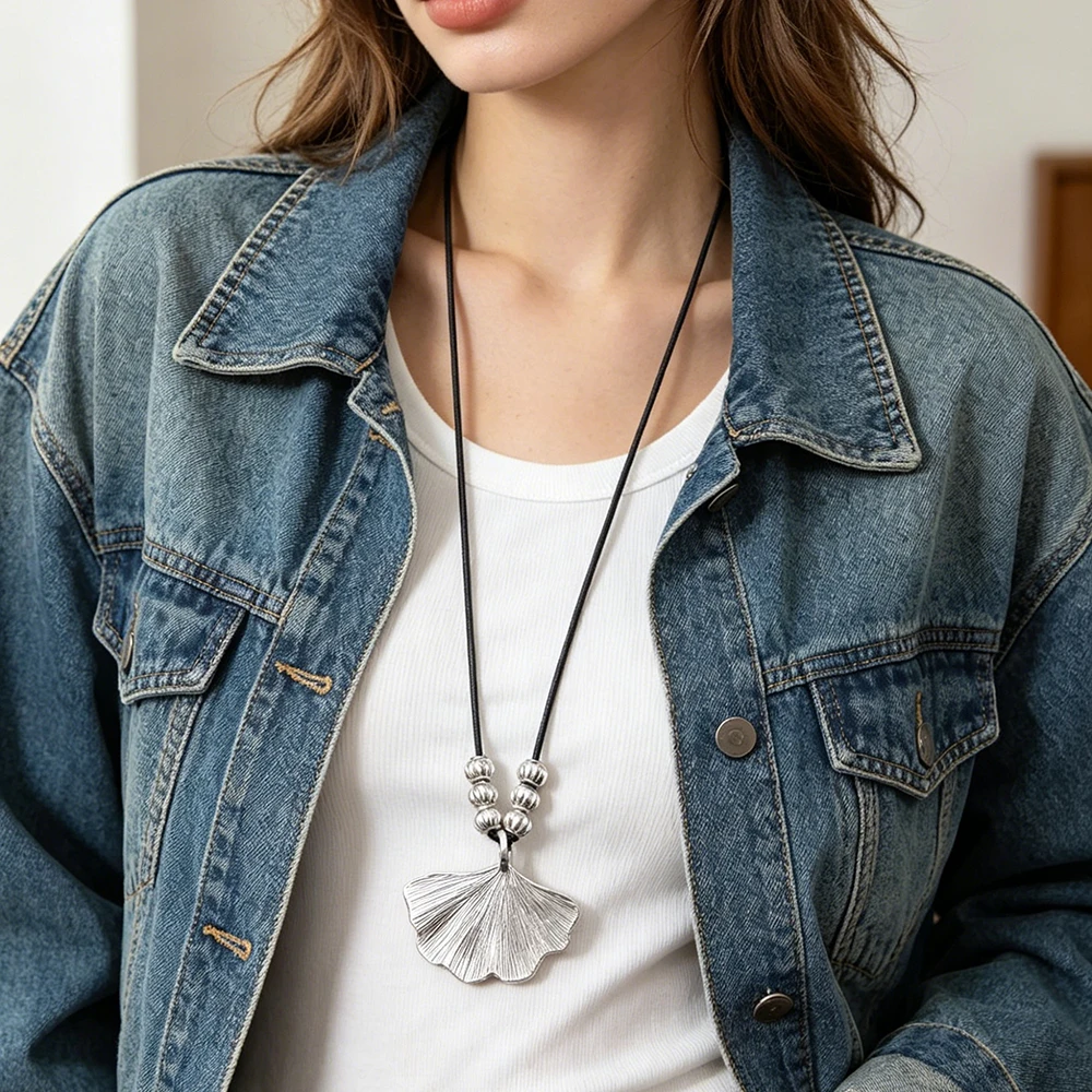 Silver Color Ginkgo Leave Pendant With Beaded Necklace Vintage Sweater Wax Rope Chain Jewelry All Seasons Wear