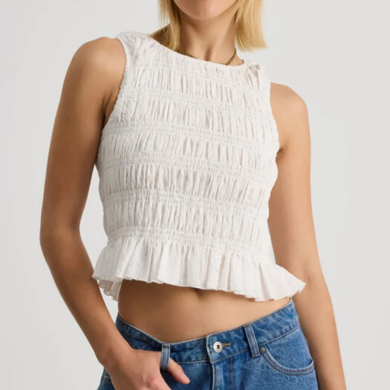 여성 Y2k 깅엄 스모크 탱크 탑 여름 민소매 프릴 밑단 셔링 셔츠 외출 탑 휴가 비치 의상