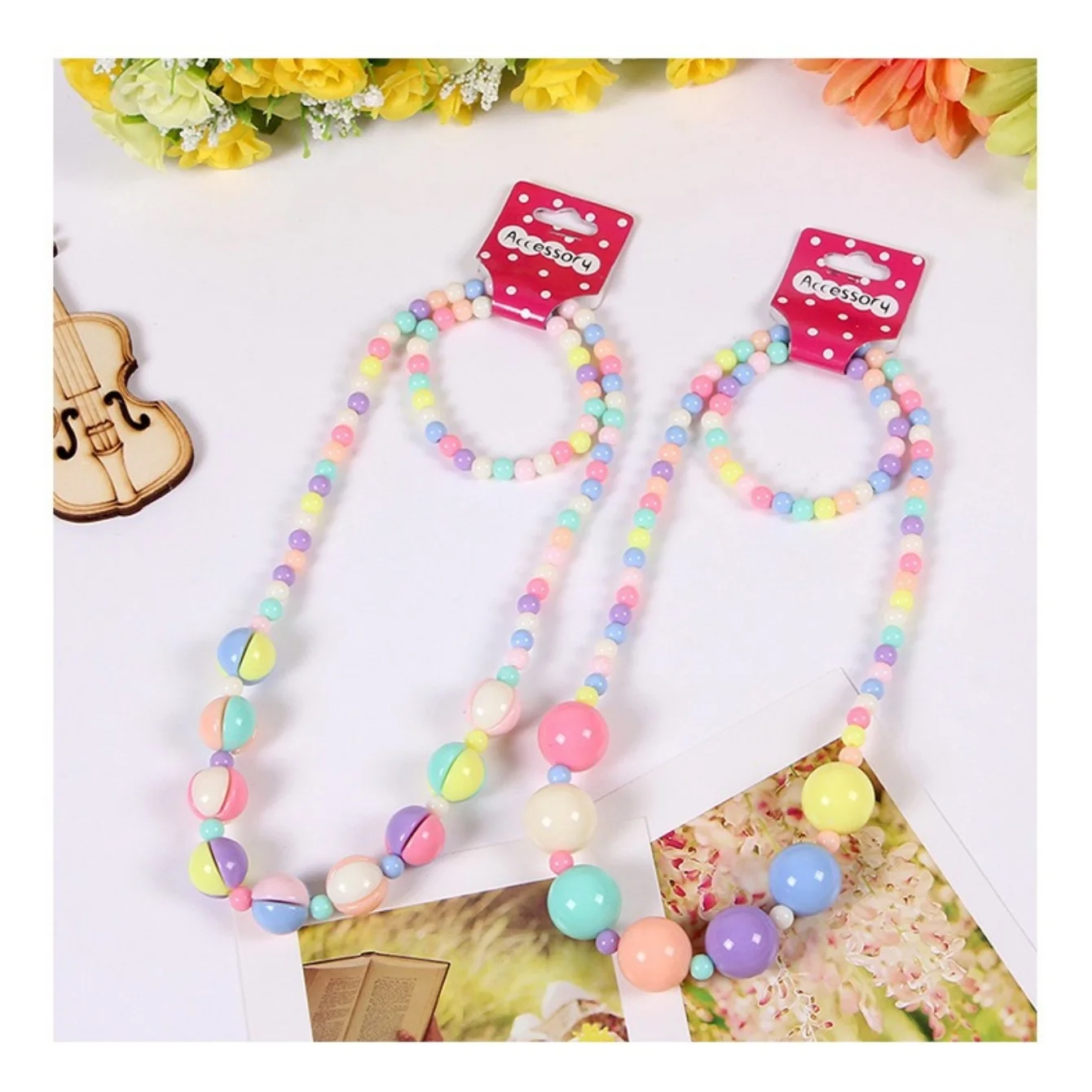 Candy Color Beads Necklace Bracelet Jewelry Flower Bow Strawberry Necklace Bracelet 2pc/set Children Party Girl Birthday Gift