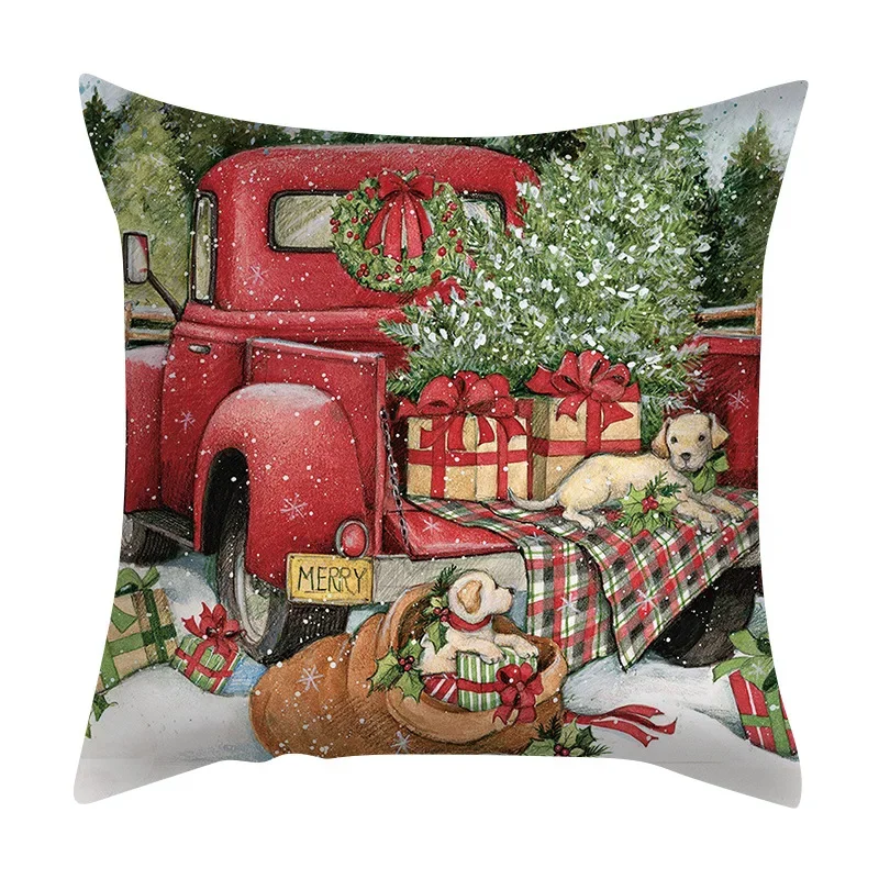 Winter Forest Snow Santa Claus Snowman Truck Wooden House Christmas Tree Gift Church Car Sofa Seat Decoration Pillow Cover