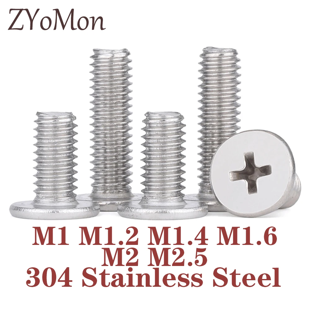 200pcs M1 M1.2 M1.4 M1.6 M2 M2.5 304 Stainless Steel Micro Mini CM Cross Phillips Ultra Thin Super Low Flat Head Screw Bolt