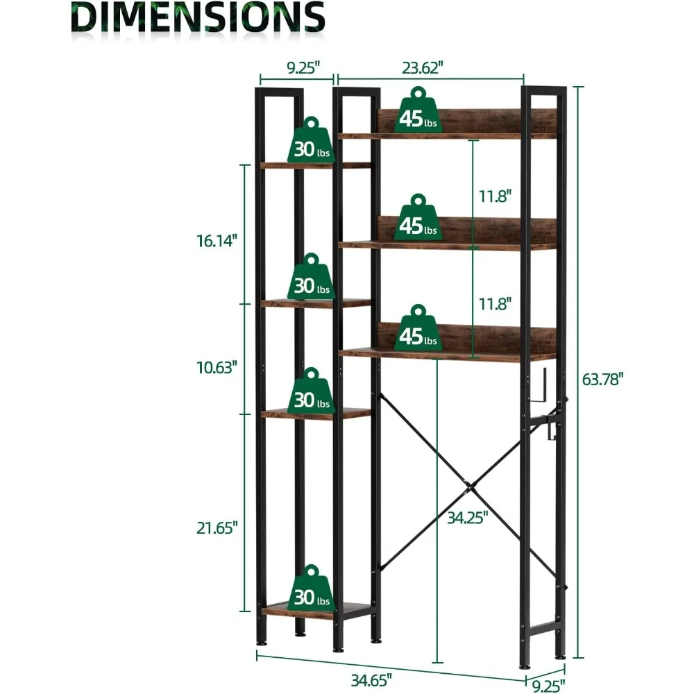 Bathroom Cabinet, 7-Tier Bathroom Organizer Shelf, Freestanding Space Saver with Hooks & Adjustable Feet, Toilet Organizer