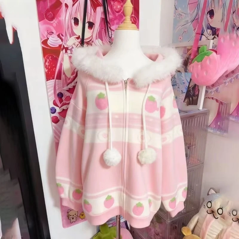 Japanese Sweet Cute Strawberry Print Hooded Coat Women Y2k Aesthetic Oversized Cardigan Winter Harajuku Kawaii Zipper Tops New