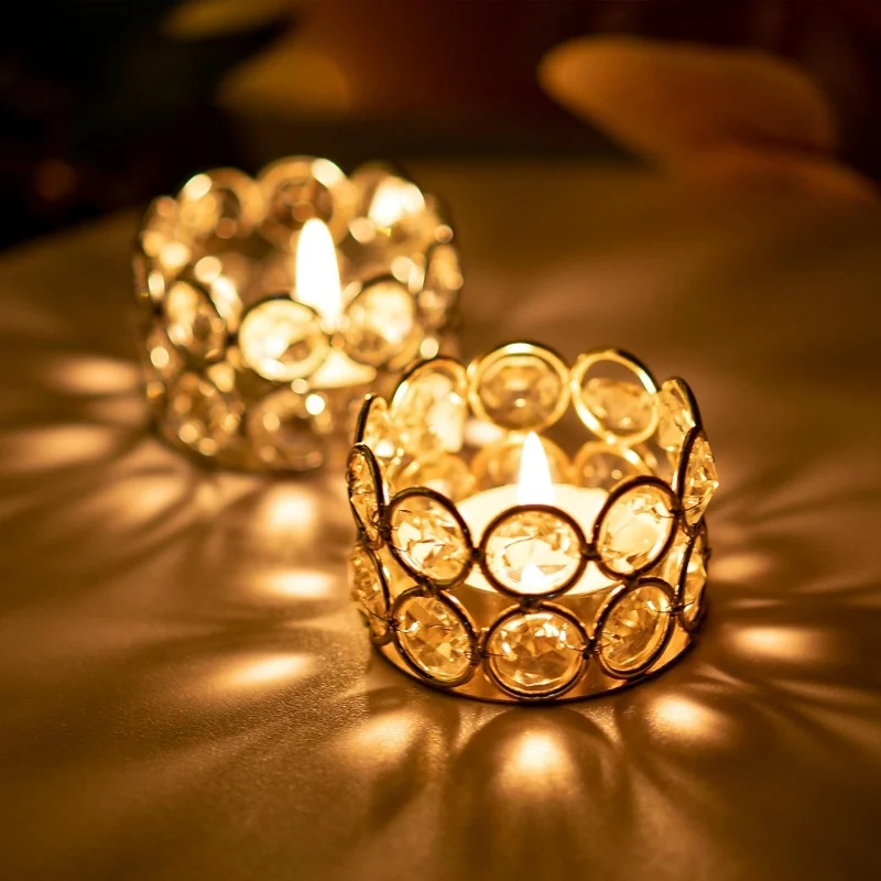 Kristall-Teelichthalter Gold Silber Metall-Kerzenständer Tischdekoration Heim-Hochzeits-Dekor Kerzenlaterne Ornament