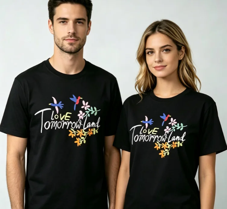 2026 New Unisex Black Crew Neck T-Shirt Love Tomorrowland Colorful Birds Floral Front Print EDM Festival Oversized Cotton Tee
