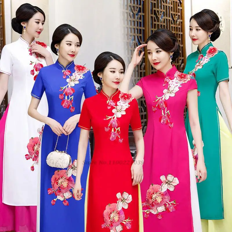 

2024 vietnamese aodai vietnam cheongsam folk style qipao chinese flower embroidery dress women traditional floral ao dai dress