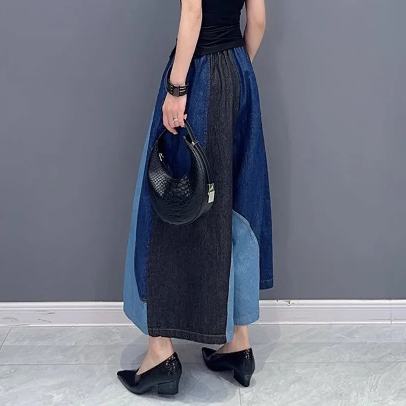 HKSH Spring Autumn New Women Jeans Asymmetric Color Block Patchwork Elastic Waisted Elegant Casual Wide Leg Denim Pants  HK16645