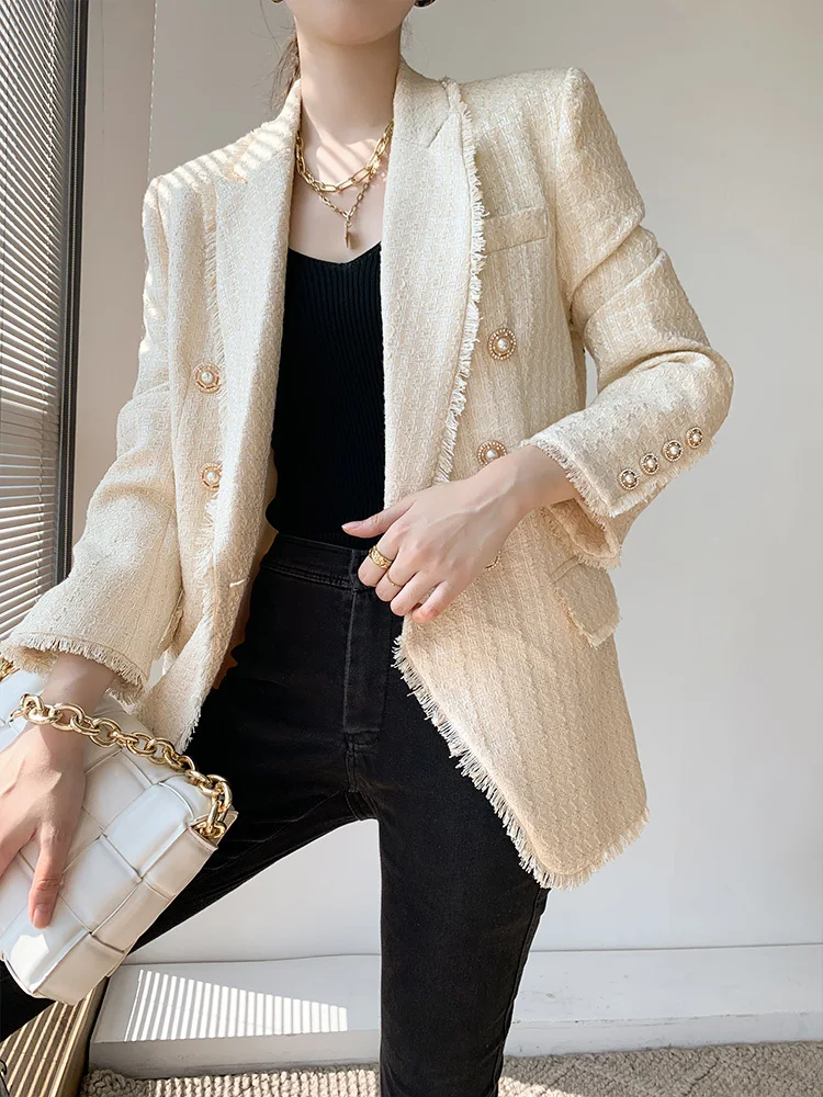 

2022 New Fall Ladies Double Row Metal Buckle Tweed Blazer Coat Women's Fashion Solid Color Office Lady Business Tailored Jacket