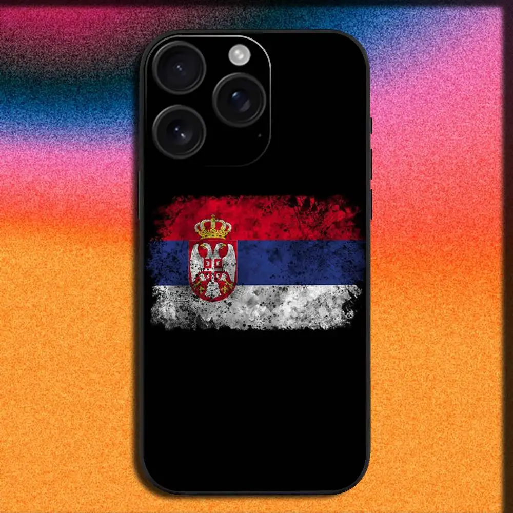 เคสโทรศัพท์ลายธงชาติเซอร์เบีย สำหรับ iPhone 17,16,15,14,13,12,Pro,Max,Plus,E,SE4,Air,Mini สีดำ