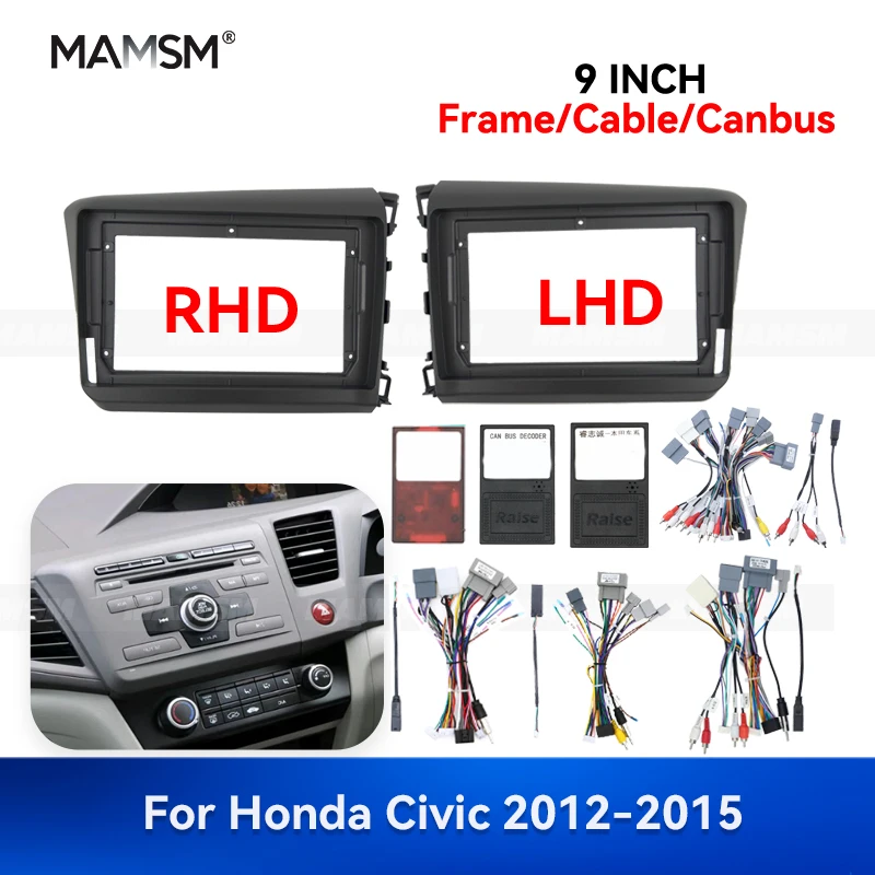 MAMSM 9 INCH For Honda Civic 2012-2015 Android Car Radio Fascia Stereo Frame GPS MP4 Multimedia Wiring Harness Canbus BOX KIT