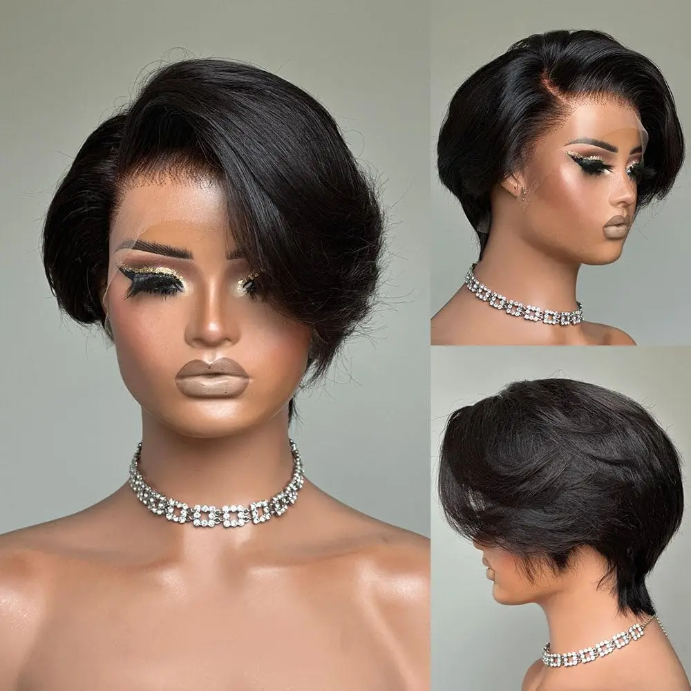 Short Pixie Cut Straight Bob Wigs Human Hair Pre Plucked Transparent Lace Front Human Hair Wig Brazilian Hair 13x4 Short Bob Wig