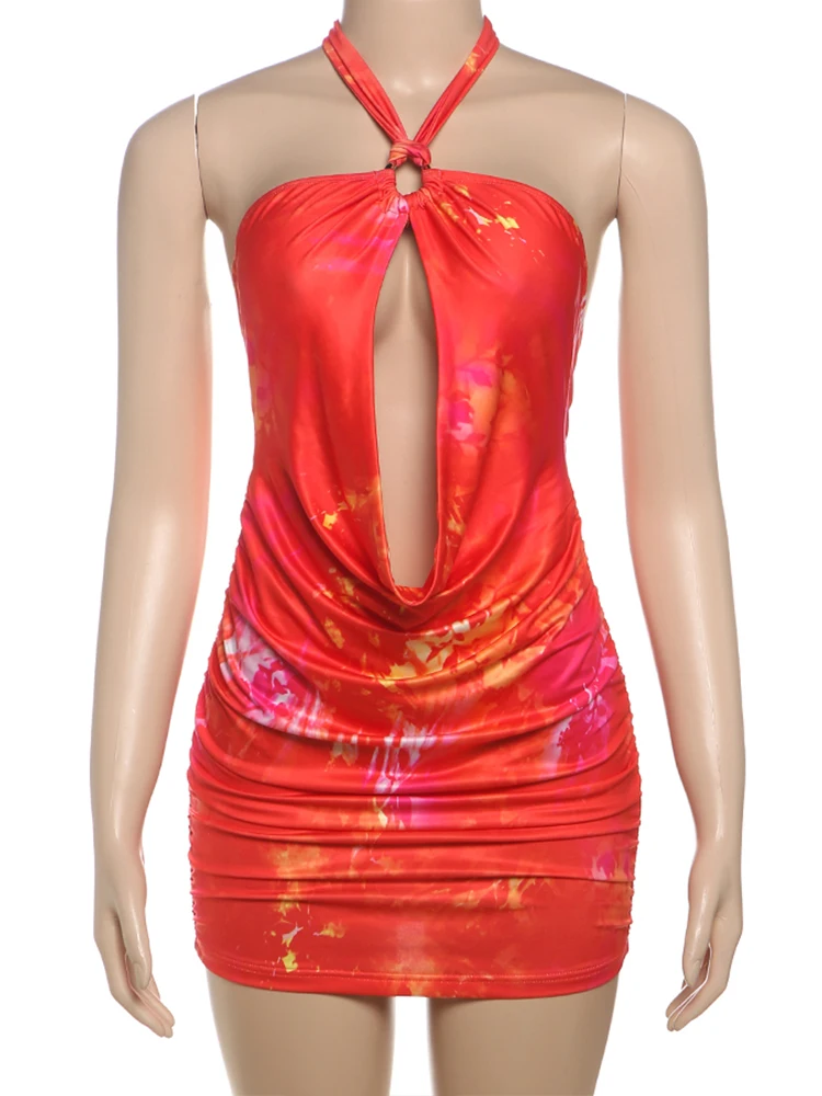 แปลกPussแหวนโลหะผู้หญิงพีชก้นจีบHollow Backless Halter Patchwork Midnight Club Party Mini Bodycon