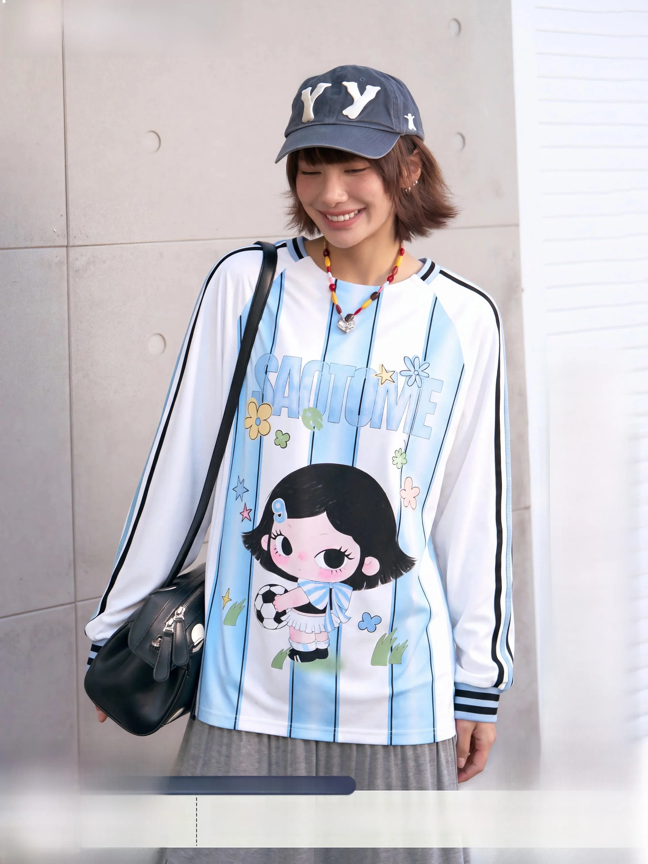 Loose Long Sleeve Cartoon Print Football Jersey Casual Style Women's T-shirt Small Association Collaboration Lightweight Poly...