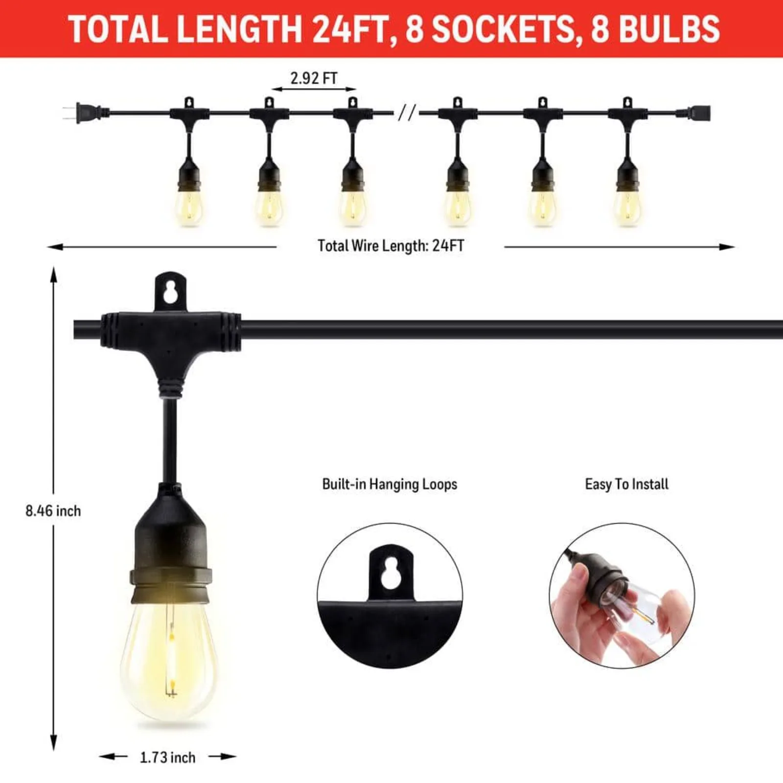 Juego de luces enchufables en forma de A para exteriores e interiores de EE. UU., 48 pies